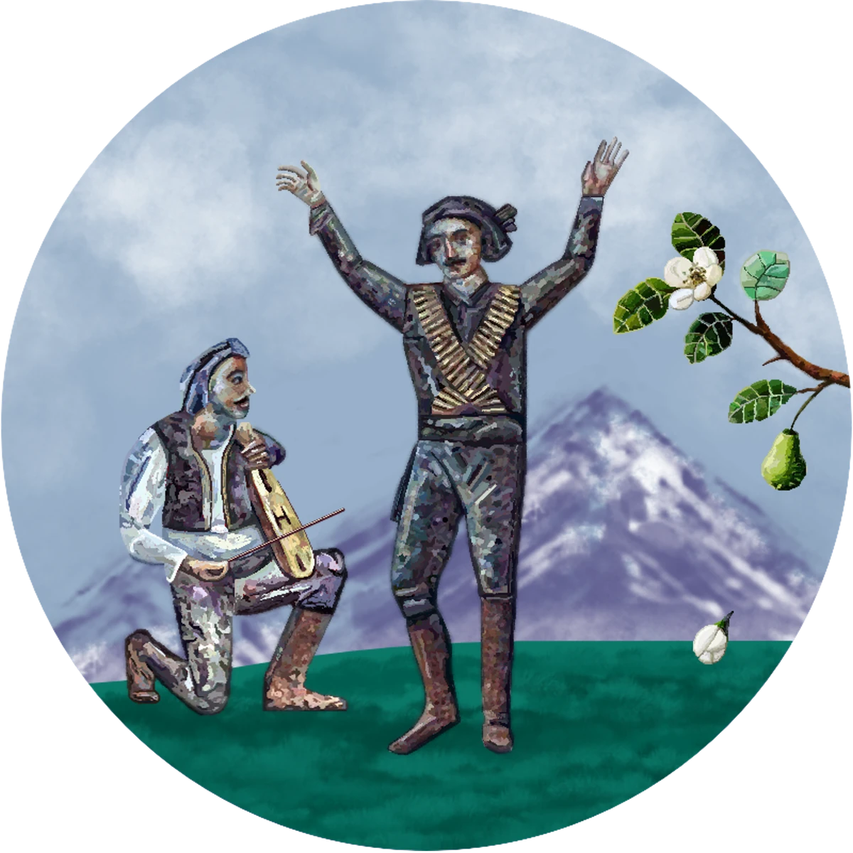 Sevasteia emblem: a lyra player kneels beside a Pontic dancer with arms raised, before a snowy mountain, with a pear branch